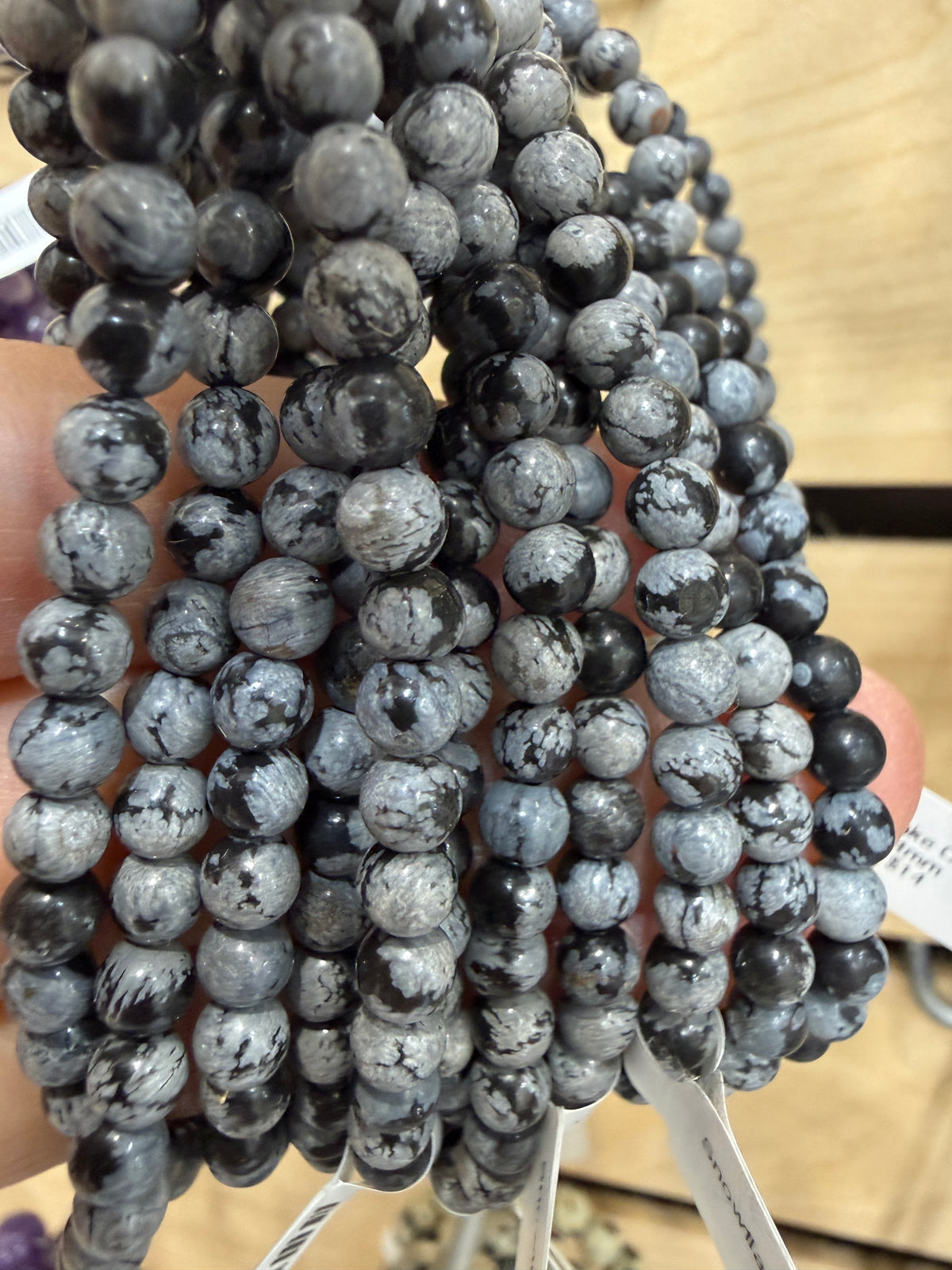 Snowflake Obsidian Stretch Bracelet- Round Smooth 7.5 inches