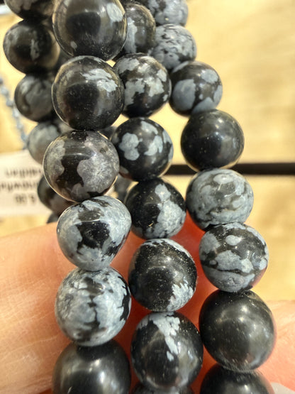 Snowflake Obsidian Stretch Bracelet- Round Smooth 7.5 inches