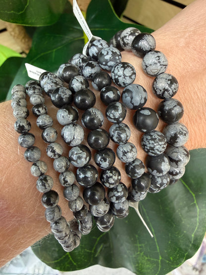 Snowflake Obsidian Stretch Bracelet- Round Smooth 7.5 inches