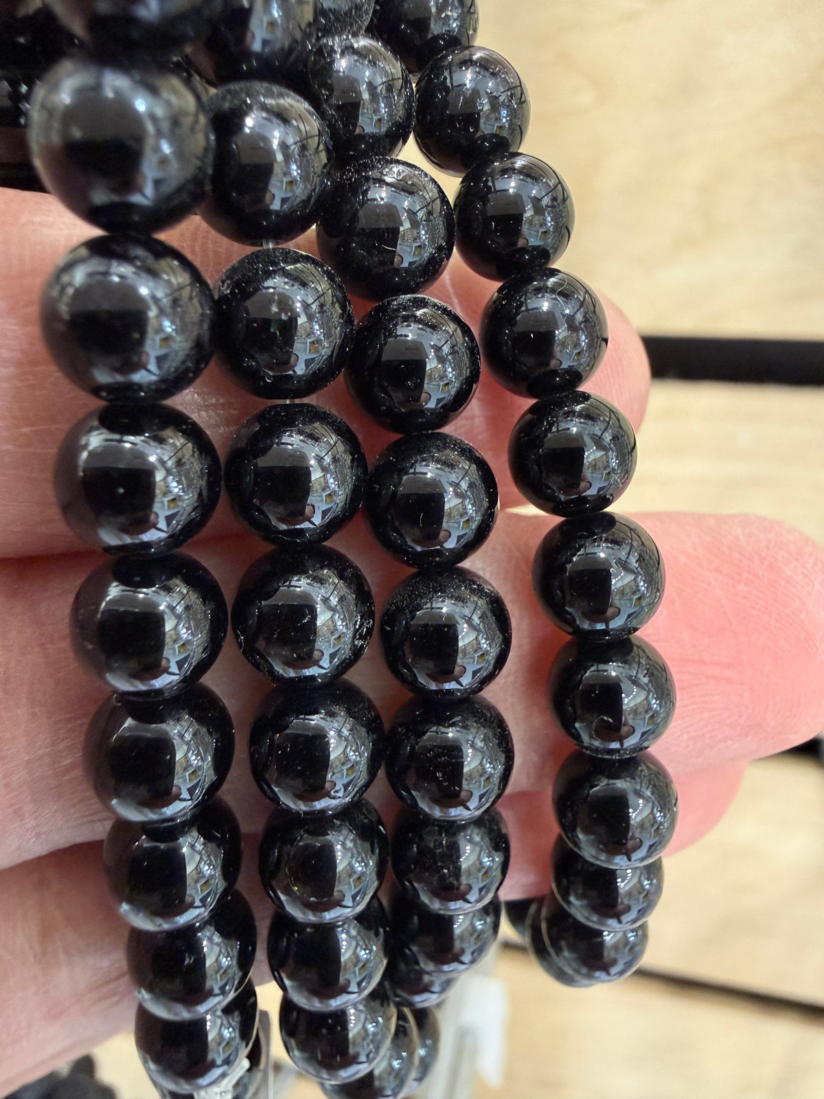 Black Tourmaline Stretch Bracelet- 6mm Round Smooth 7.5 inches