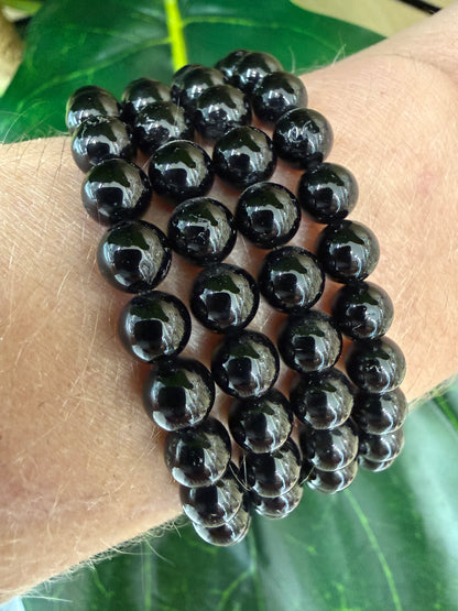 Black Tourmaline Stretch Bracelet- 6mm Round Smooth 7.5 inches