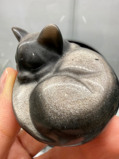 Silver Sheen Obsidian Sleeping Cat- 2" inches
