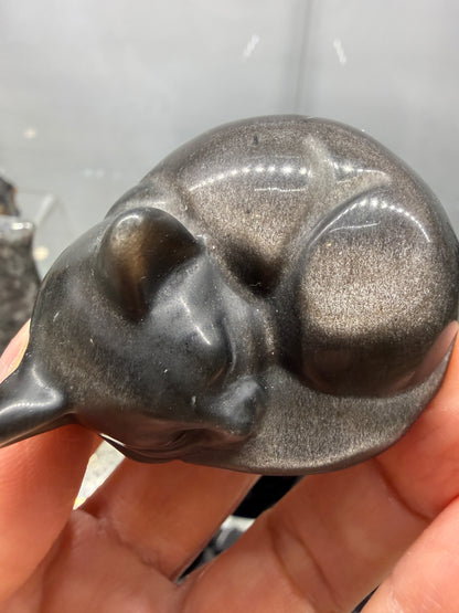 Silver Sheen Obsidian Sleeping Cat- 2" inches