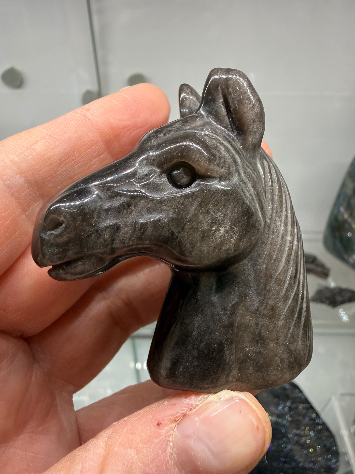 Silver Sheen Obsidian Horse Head Carving- 2.2" inches