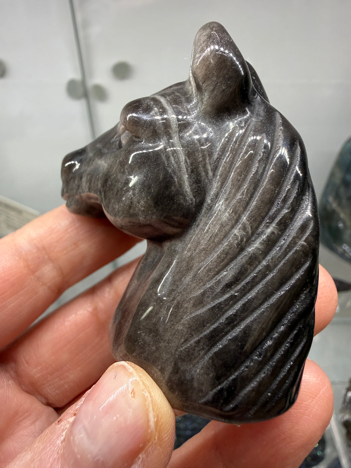Silver Sheen Obsidian Horse Head Carving- 2.2" inches