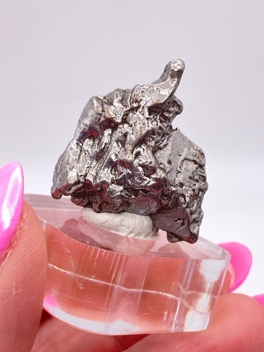 A fragment of the largest known meteorite find, the Campo del Cielo Meteorite from Gancedo, Doce de Octubre Department in Chaco Province, Argentina—the standout piece from The Crystalary collection—rests on a clear circular stand. This metallic mineral specimen features an irregular shape with a rough, reflective surface showcasing various textures and shades of gray. The person displaying it has pink, manicured nails.