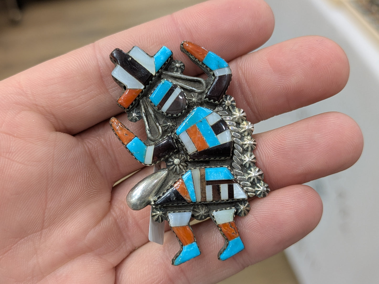 Sterling Zuni Rainbowman Inlay Vintage Ring Sz. 6.5