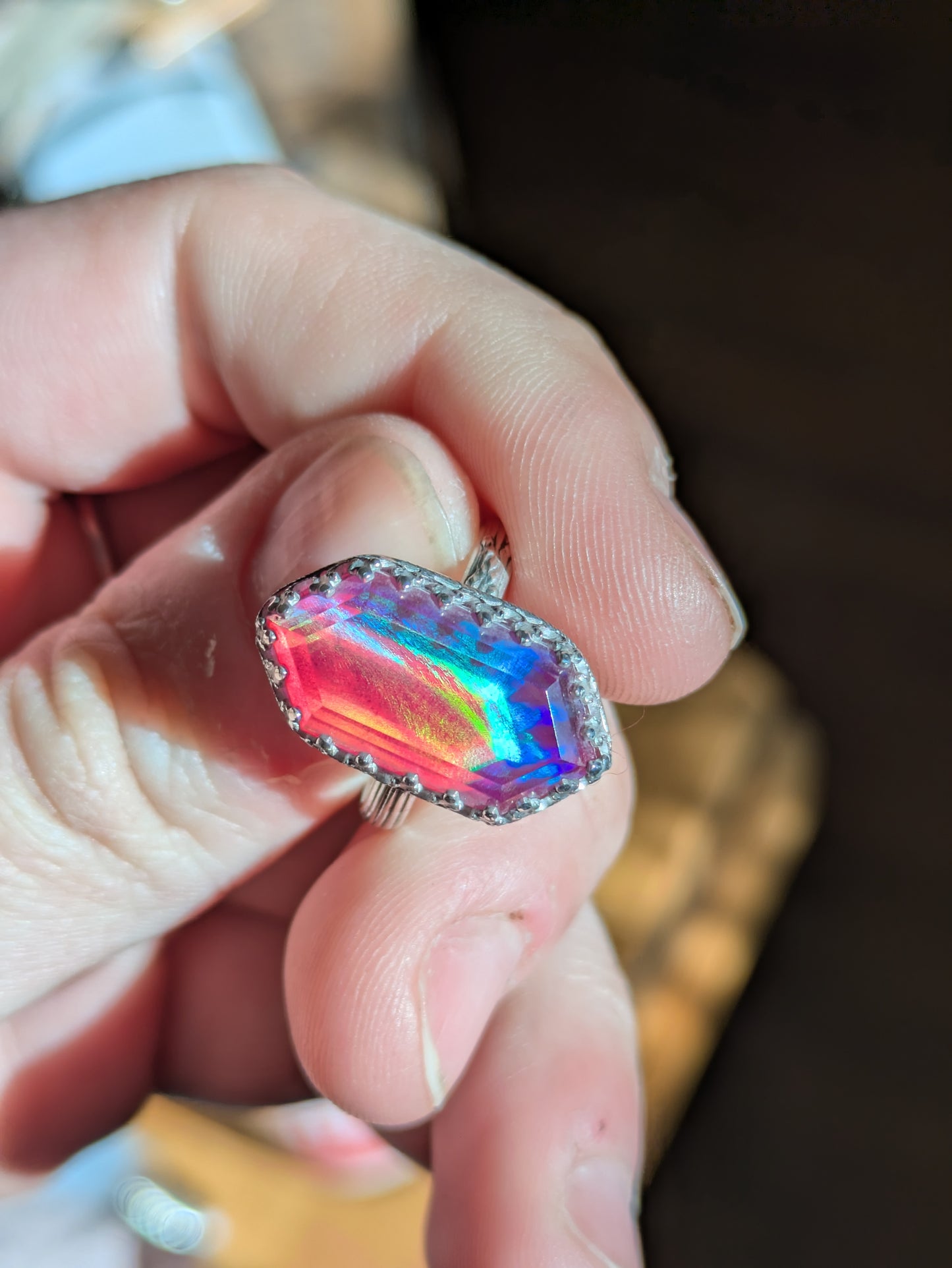 Sterling Aurora Opal Ring Sz. 7.5