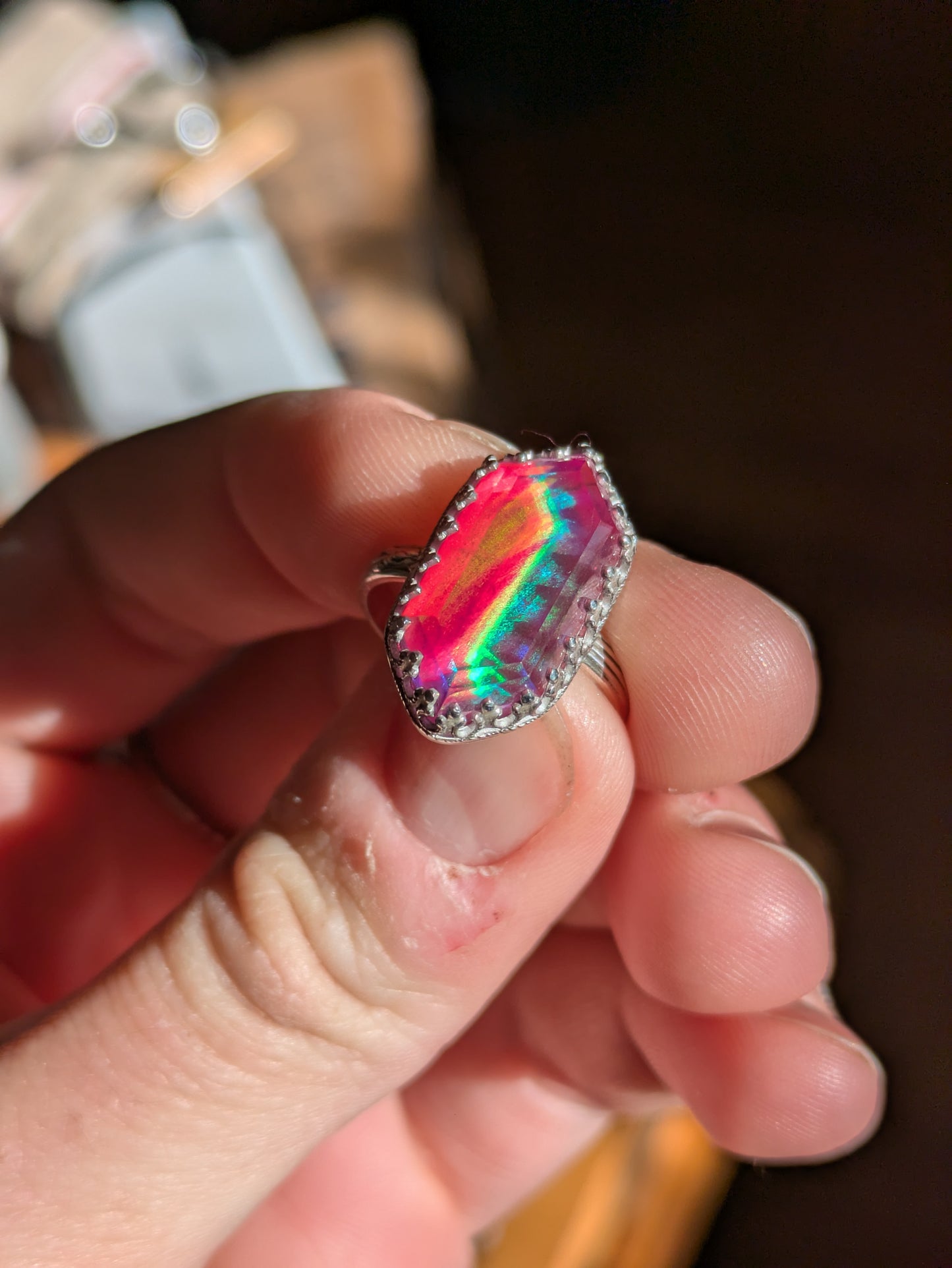 Sterling Aurora Opal Ring Sz. 7.5