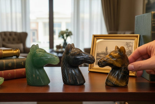 Collection of horse head sculptures on a wooden surface with books and decor in the background.