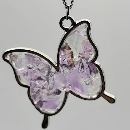 Fluorite Silver Tone Butterfly Necklace, Purple Fluorite, Cave-In-Rock