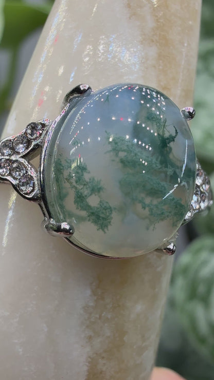 Natural Moss Agate Cabochon Ring Size 8 in 316L Stainless Steel- 10x12mm Oval Gemstone