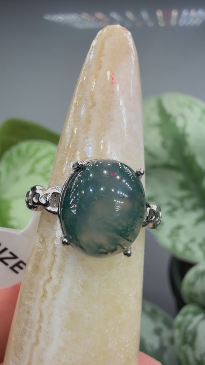Natural Moss Agate Cabochon Ring Size 8 in 316L Stainless Steel- 10x12mm Oval Gemstone
