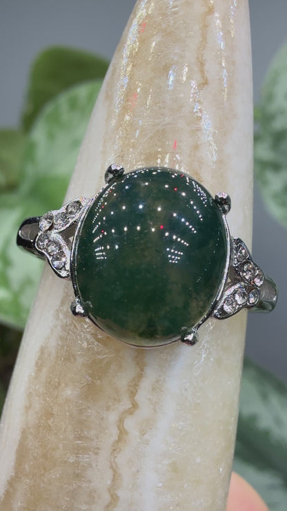 Natural Moss Agate Cabochon Ring Size 8 in 316L Stainless Steel- 10x12mm Oval Gemstone