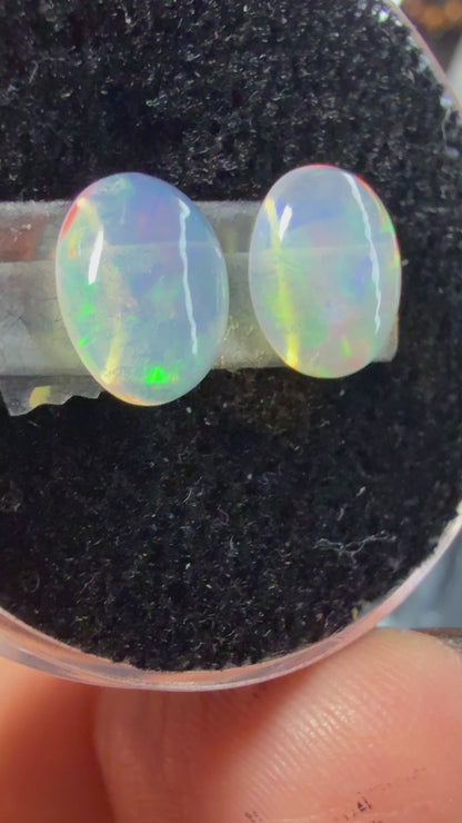 Matched Pair Natural Welo Opal Cabochon 9x7x4mm, 2.32ct total- Broadflash, reds!