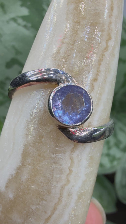 Natural Round Faceted Tanzanite Ring Size 9 in .925 Sterling Silver- Bezel Set