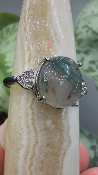 Natural Moss Agate Cabochon Ring Size 10 in 316L Stainless Steel- 10x12mm Oval Gemstone