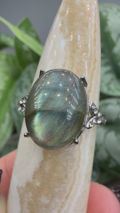 Labradorite Cabochon Ring Size 9 in 316L Stainless Steel- 12x16mm Natural Gemstone
