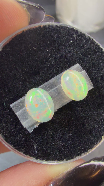 WOW-MATCHED PAIR! Natural Welo Opal Cabochon 8x6x4mm, 1.6ct total- Broadflash/floral/painterly, reds!