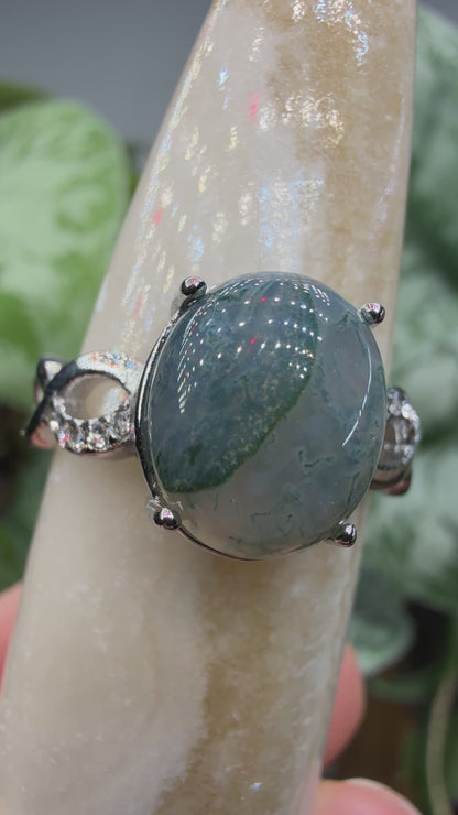 Natural Moss Agate Cabochon Ring Size 9 in 316L Stainless Steel- 10x12mm Oval Gemstone