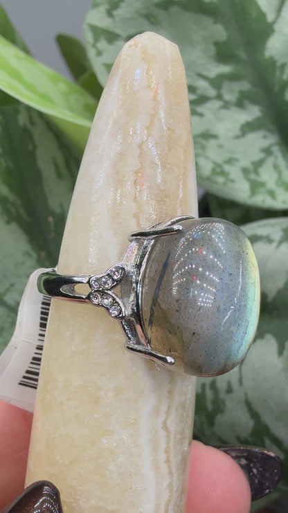 Labradorite Cabochon Ring Size 8 in 316L Stainless Steel- 12x16mm Natural Gemstone