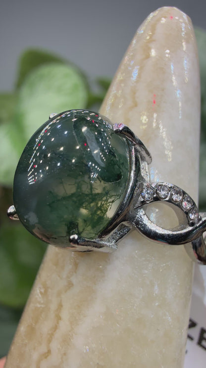 Natural Moss Agate Cabochon Ring Size 7 in 316L Stainless Steel- 10x12mm Oval Gemstone