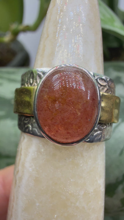 Red Tanzurine® Cabochon Brass Overlay Ring- Sz. 7 Sterling Silver & Brass