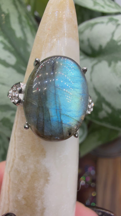 Labradorite Cabochon Ring Size 7 in 316L Stainless Steel- 12x16mm Natural Gemstone