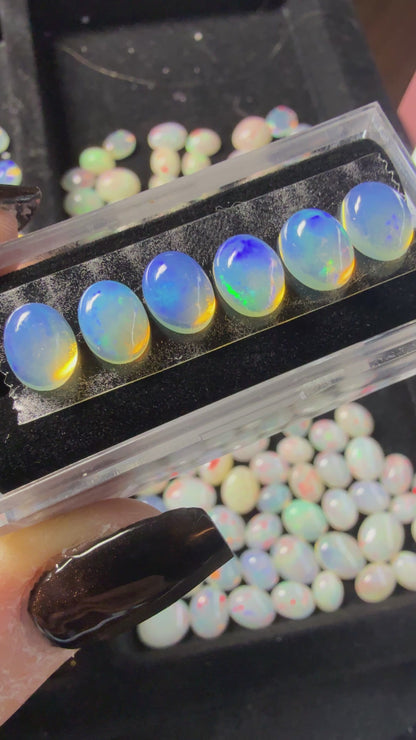 Matched Natural Welo Opal Cabochon Set (6)- 6x4x3mm, 5.79ct total- Broadflash, blues & greens