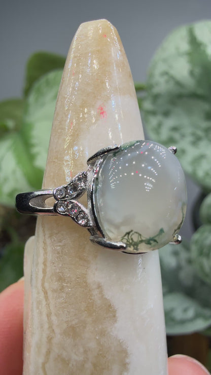 Natural Moss Agate Cabochon Ring Size 7 in 316L Stainless Steel- 10x12mm Oval Gemstone
