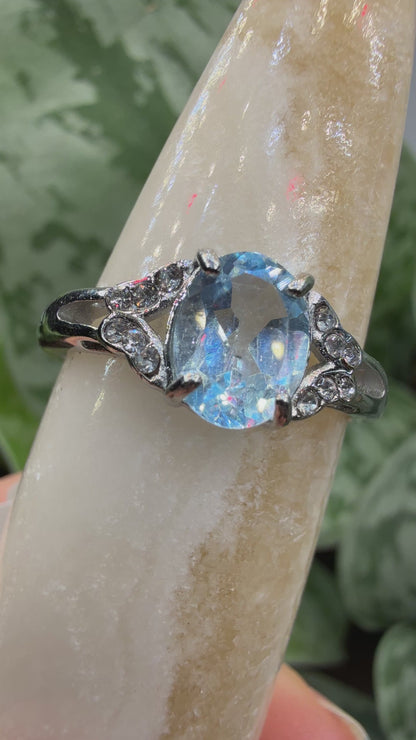 Faceted Blue Topaz Ring Size 8 in 316L Stainless Steel- 8x10mm Oval Gemstone