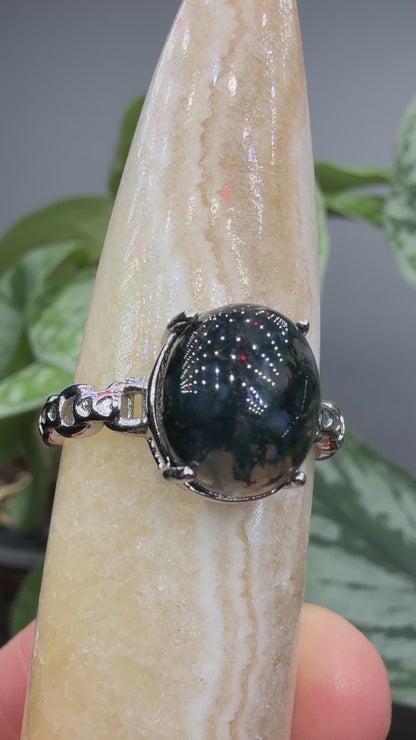 Natural Moss Agate Cabochon Ring Size 10 in 316L Stainless Steel- 10x12mm Oval Gemstone