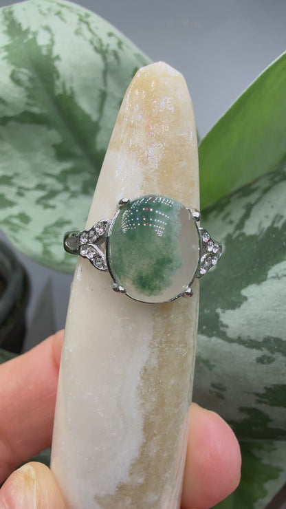 Natural Moss Agate Cabochon Ring Size 6 in 316L Stainless Steel- 10x12mm Oval Gemstone