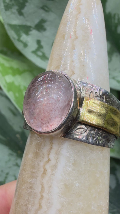 Red Tanzurine® Cabochon Brass Overlay Ring- Sz. 9 Sterling Silver & Brass