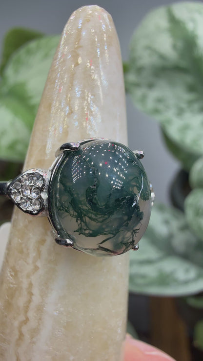 Natural Moss Agate Cabochon Ring Size 7 in 316L Stainless Steel- 10x12mm Oval Gemstone