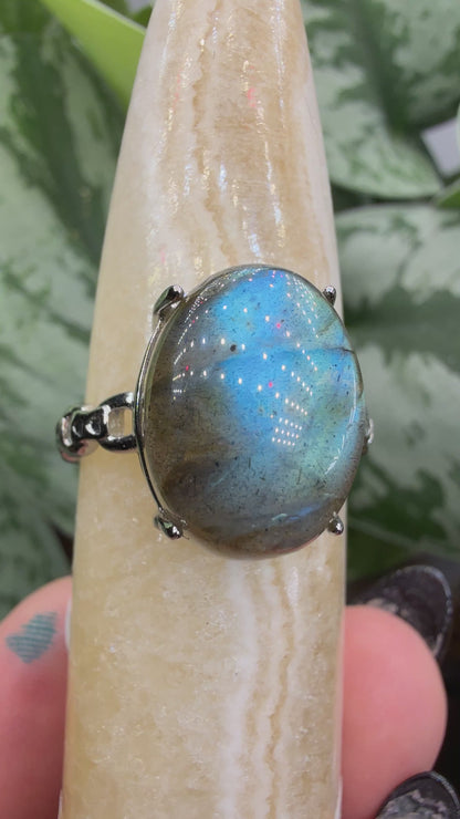 Labradorite Cabochon Ring Size 10 in 316L Stainless Steel- 12x16mm Natural Gemstone