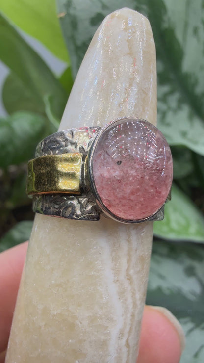 Red Tanzurine® Cabochon Brass Overlay Ring- Sz. 8 Sterling Silver & Brass