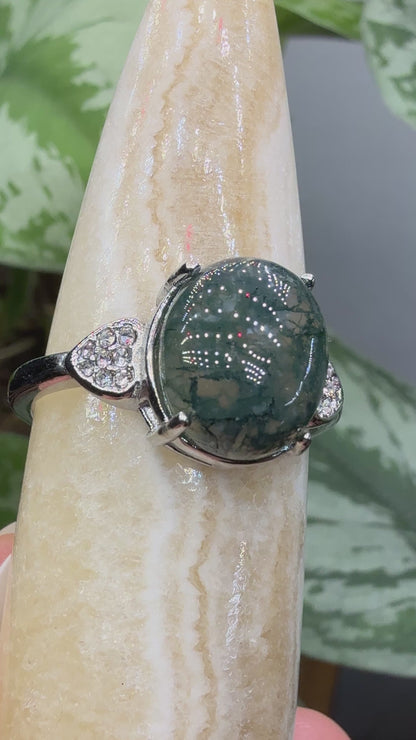 Natural Moss Agate Cabochon Ring Size 9 in 316L Stainless Steel- 10x12mm Oval Gemstone