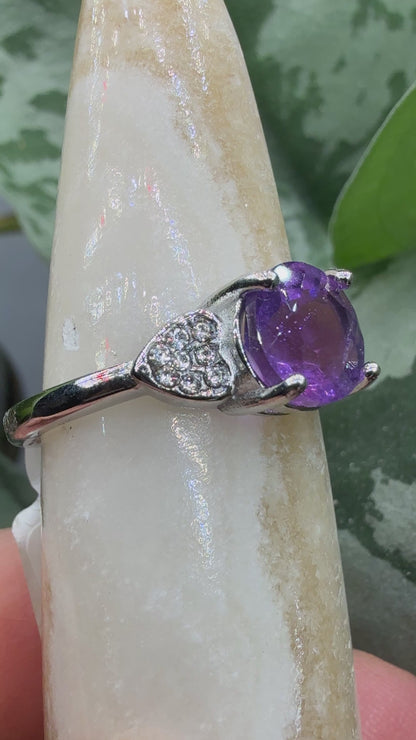 Natural Faceted Amethyst Ring Size 8 in 316L Stainless Steel- 8mm Round Gemstone