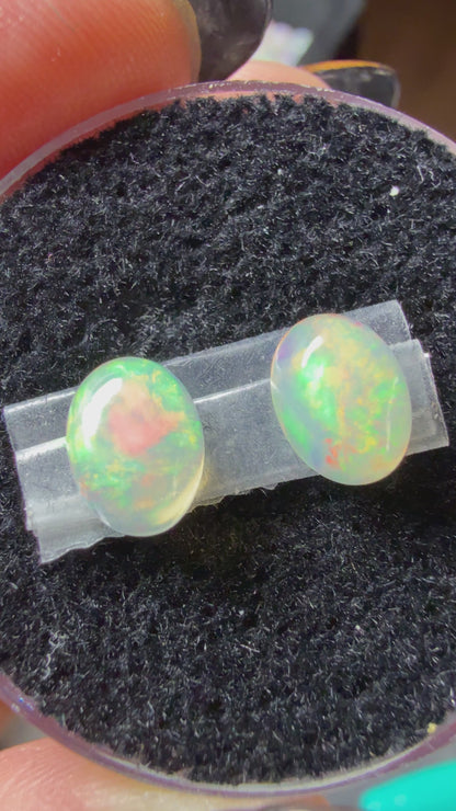 WOW-MATCHED PAIR! Natural Welo Opal Cabochon 8x6x4mm, 1.6ct total- Broadflash/floral/painterly, reds!