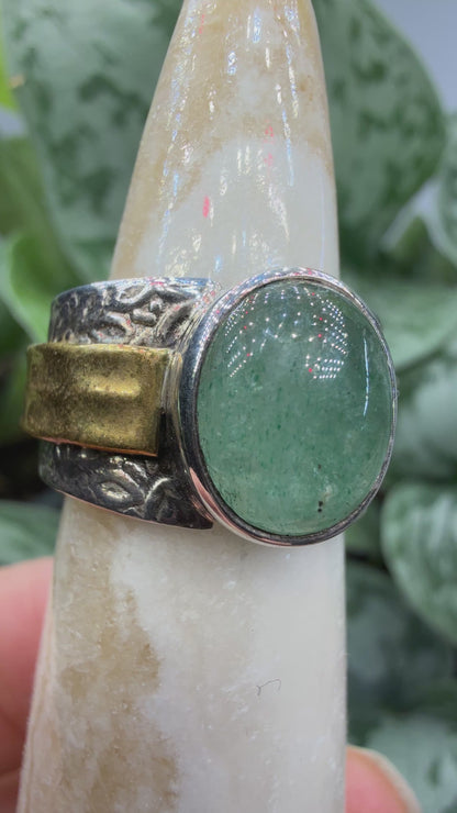 Green Tanzurine® Cabochon Brass Overlay Ring- Sz. 8 Sterling Silver & Brass