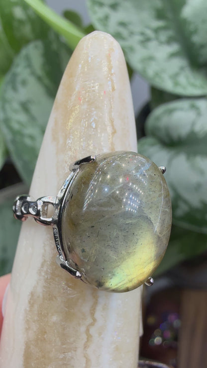 Labradorite Cabochon Ring Size 7 in 316L Stainless Steel- 12x16mm Natural Gemstone