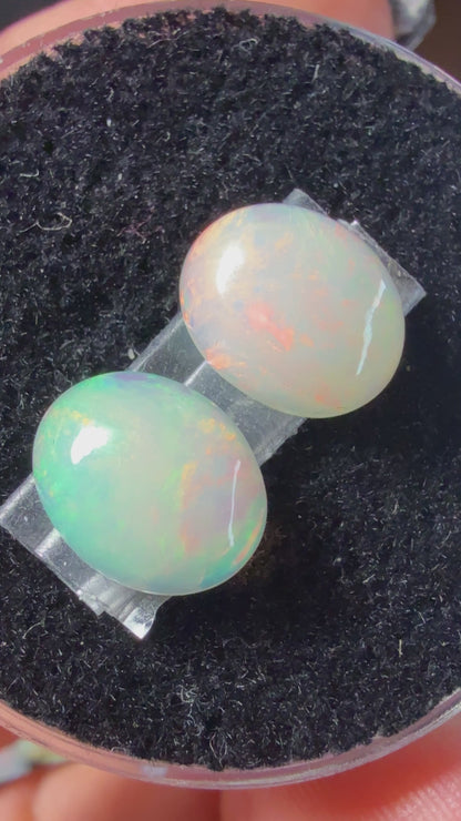 Matched Pair Natural Welo Opal Cabochon 10x8x4mm, 3.0ct total- Broadflash/floral/painterly, reds!