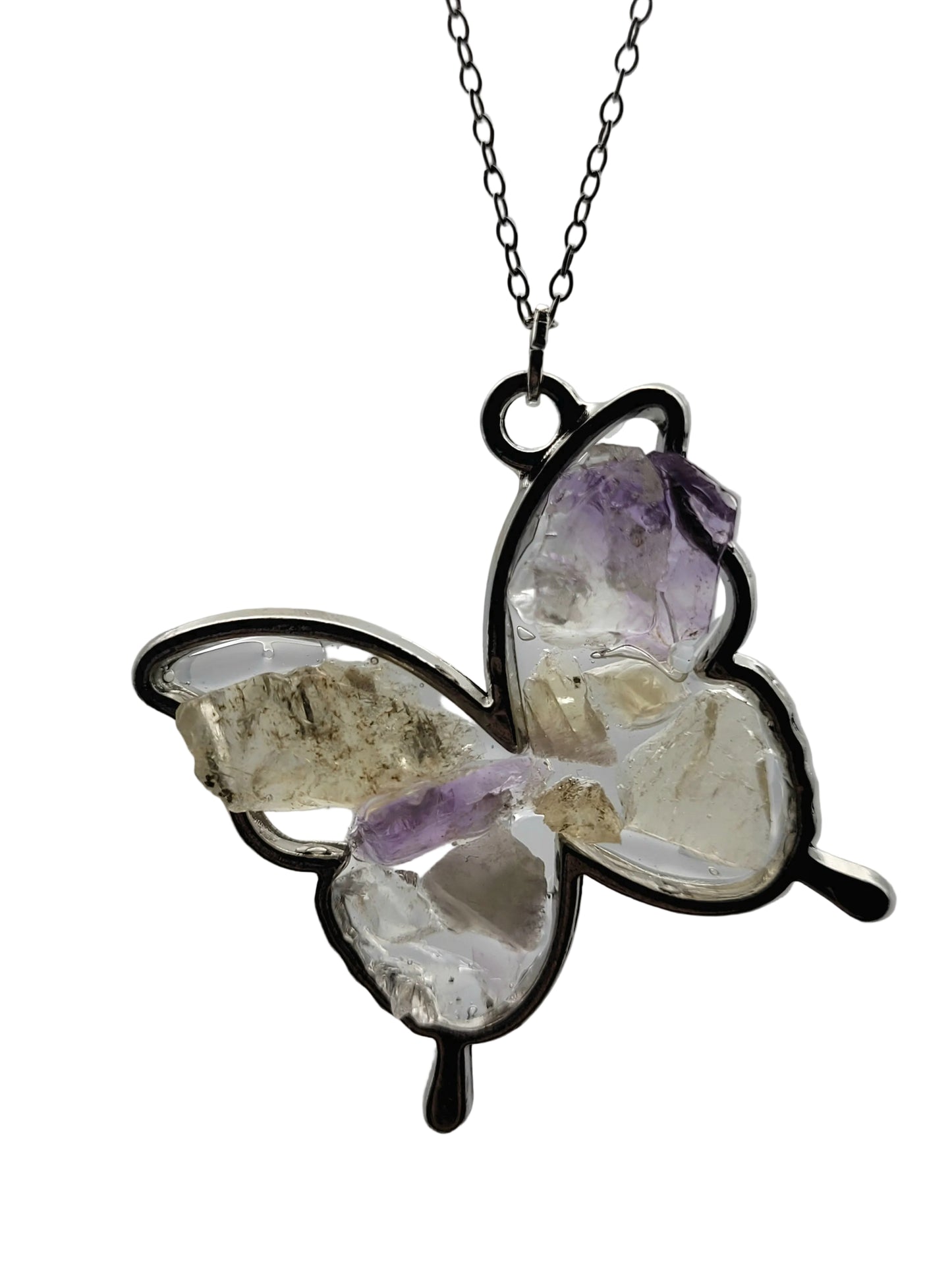 Fluorite Silver Tone Butterfly Necklace, Pastel Fluorite, Cave-In-Rock