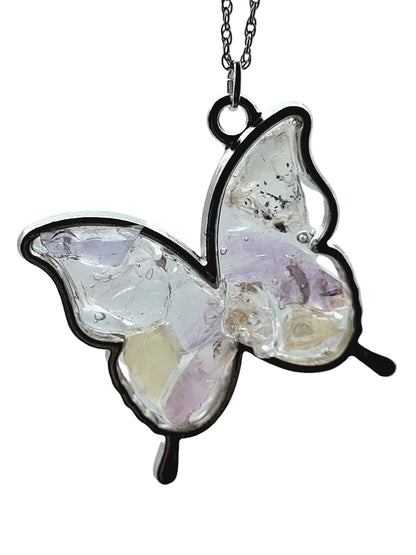 Fluorite Silver Tone Butterfly Necklace, Pastel Fluorite, Cave-In-Rock