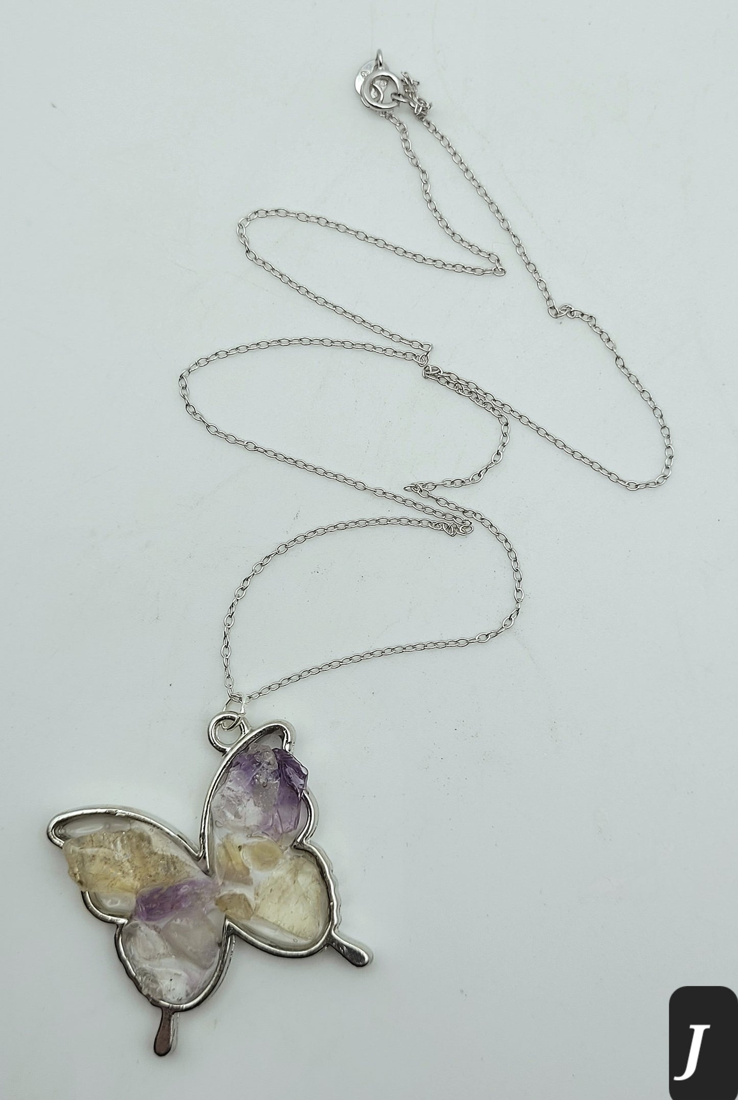 Fluorite Silver Tone Butterfly Necklace, Pastel Fluorite, Cave-In-Rock