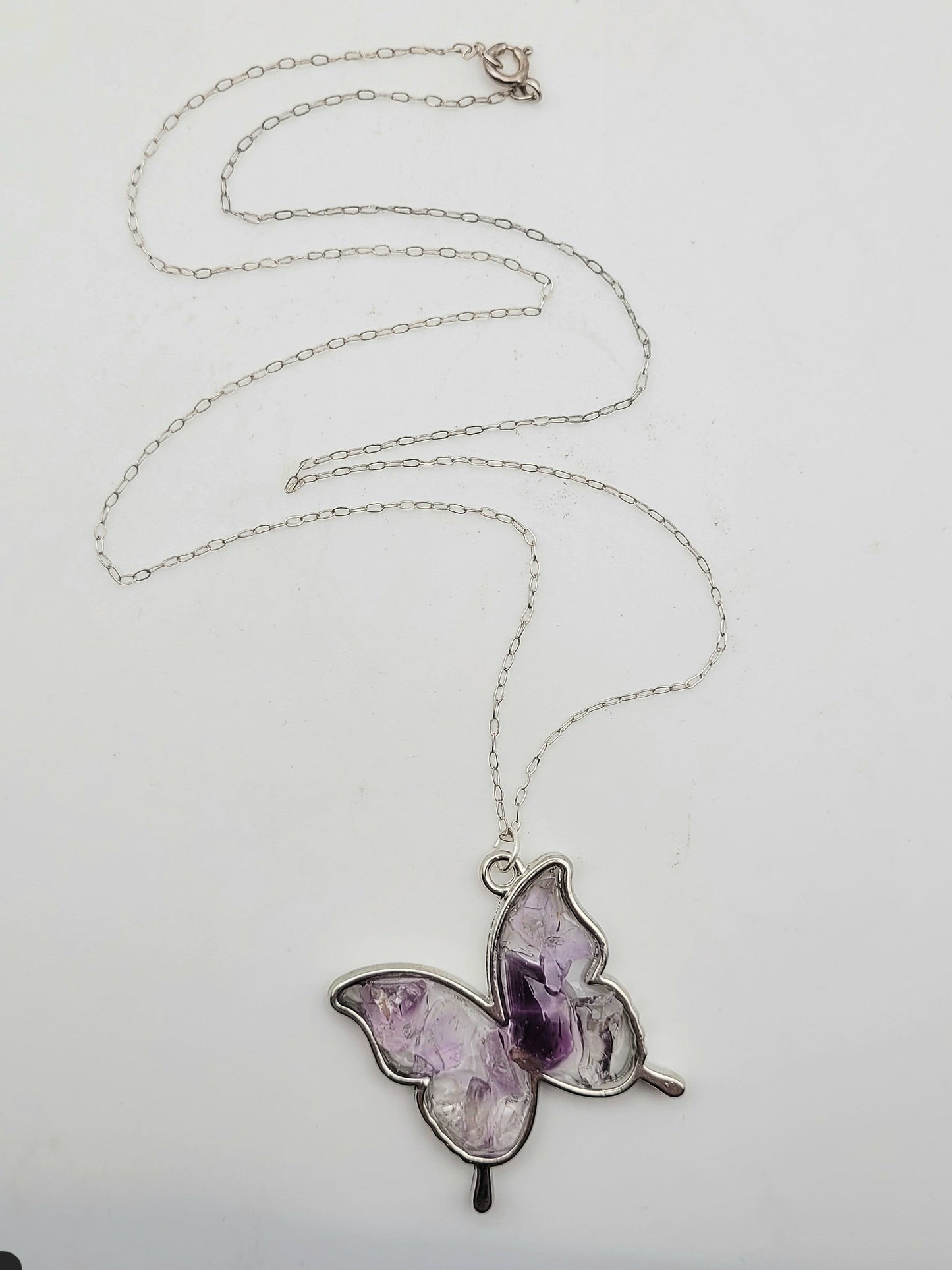 Fluorite Silver Tone Butterfly Necklace, Purple Fluorite, Cave-In-Rock