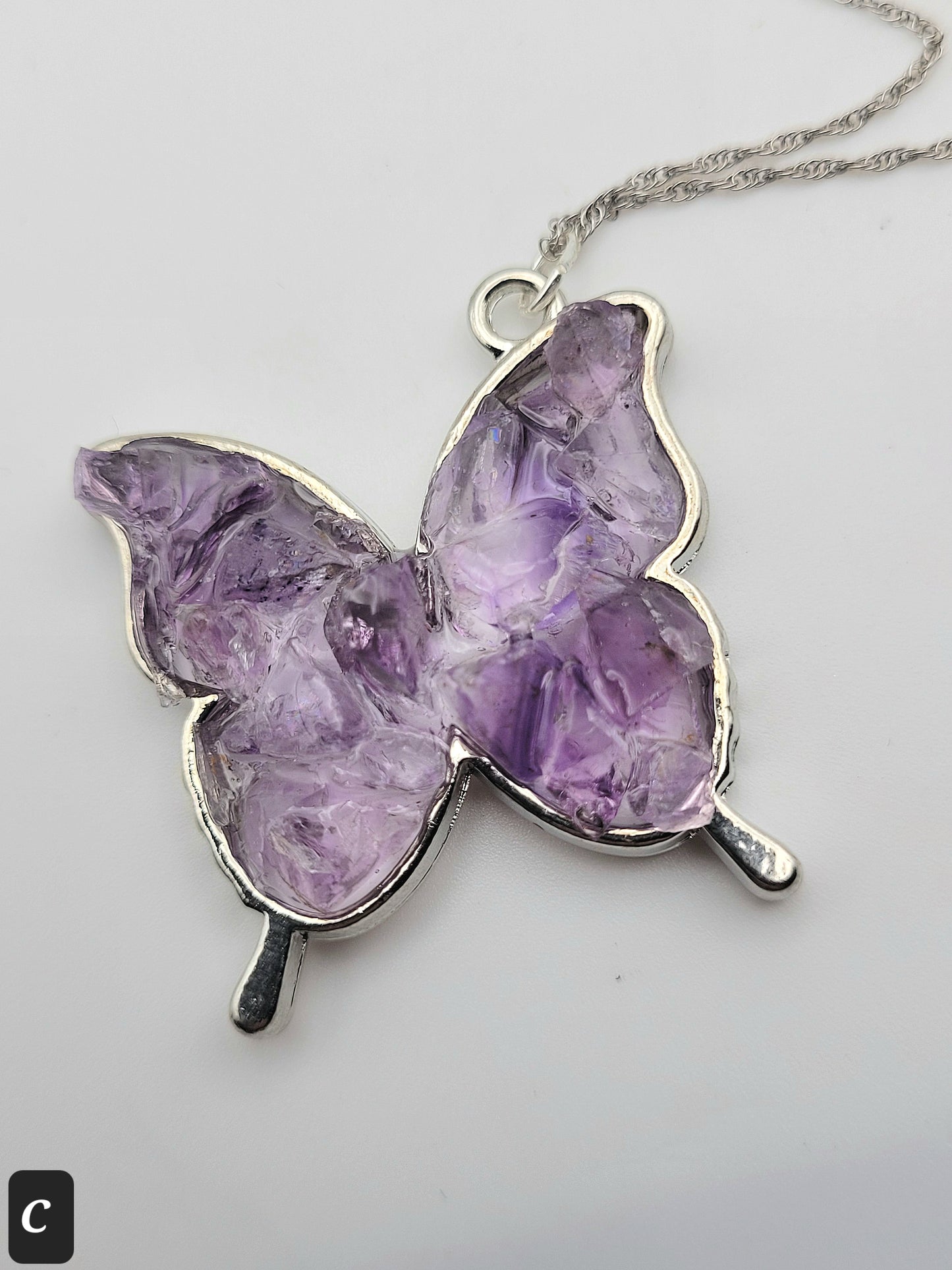 Fluorite Silver Tone Butterfly Necklace, Purple Fluorite, Cave-In-Rock