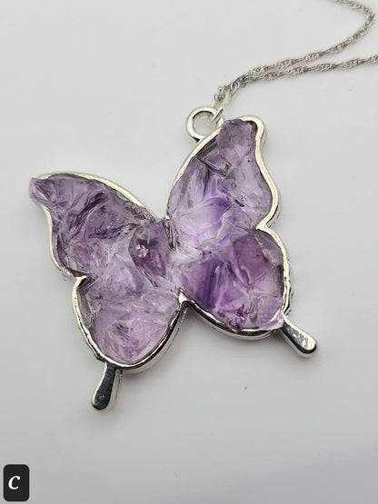Fluorite Silver Tone Butterfly Necklace, Purple Fluorite, Cave-In-Rock
