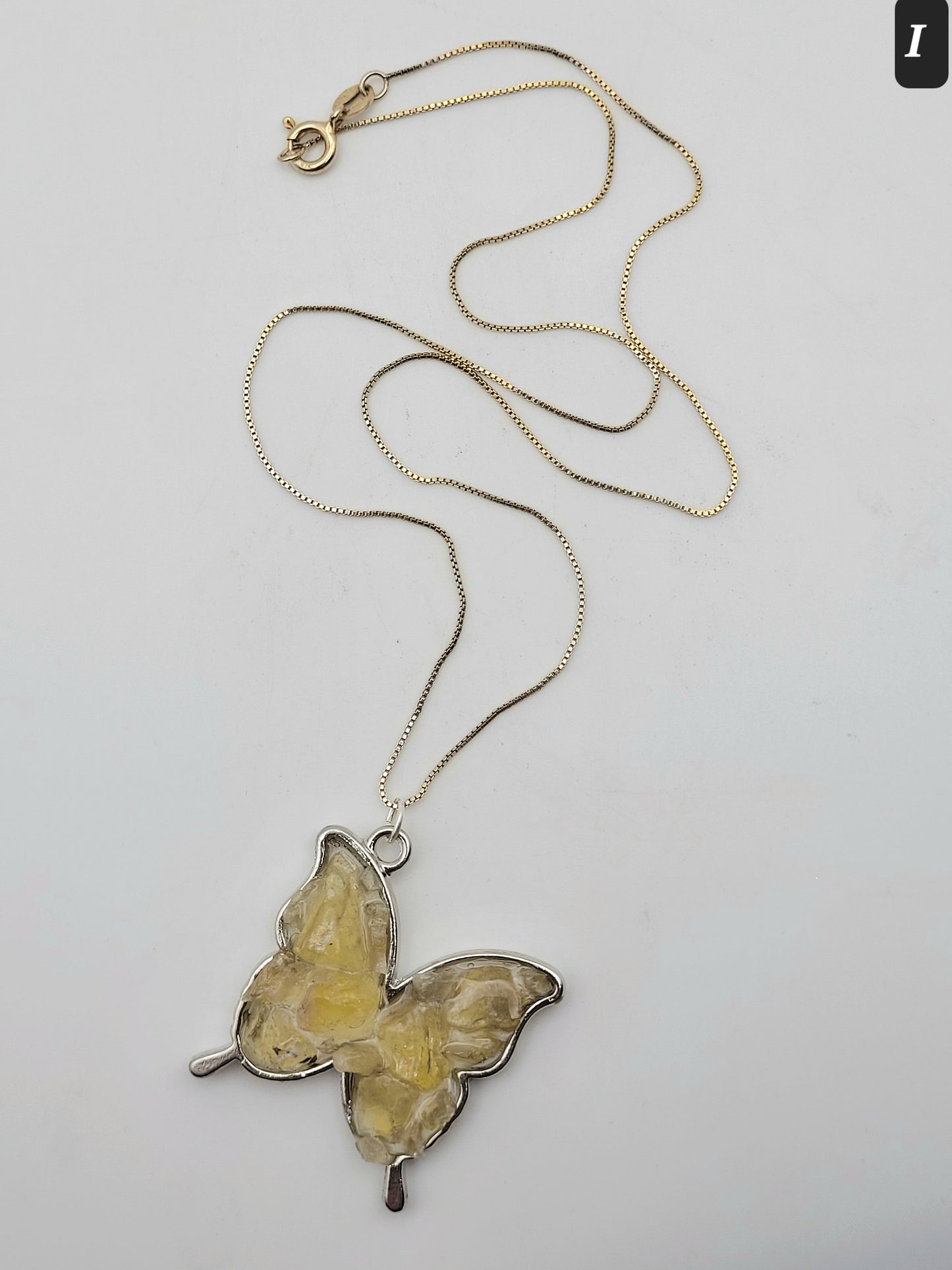 Fluorite Silver Tone Butterfly Necklace, Yellow Fluorite, Annabel Lee Mine